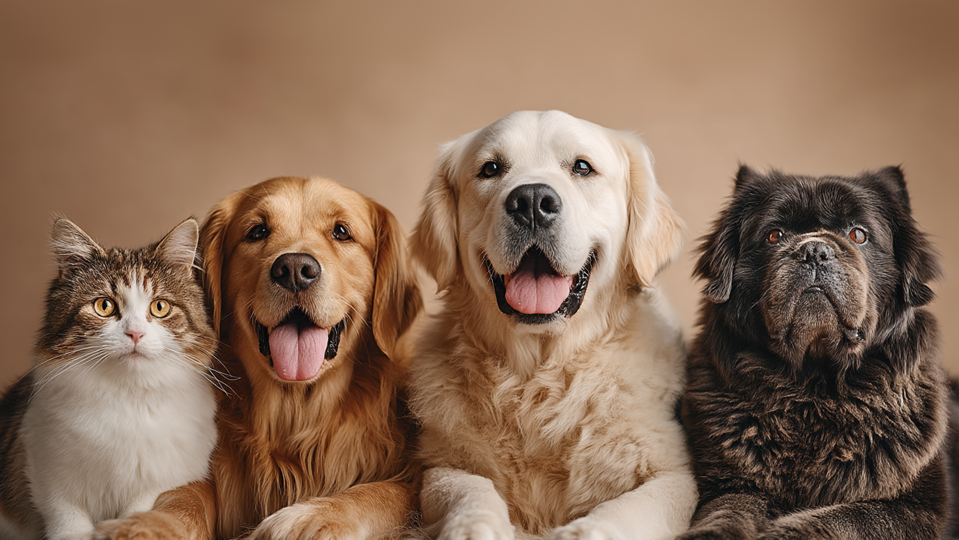 Four animals (two dogs and two cats) sitting together on a brown background